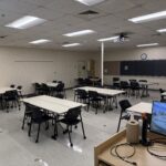 View of the classroom from the front showing clusters of tables.