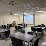 Layout of the classroom from the back of the room showing clusters of tables.