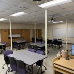 Layout of the classroom from the front of the room showing clusters of tables.