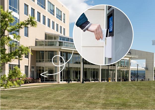 photo of card swipe to the left of the main entrance to Rose Library
