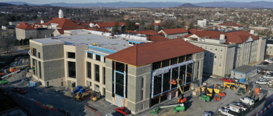 Carrier Library under construction, February 2025. The Library Futures Classroom will be on the 2nd floor of the Stan and Rosemary Jones Wing, the addition to the building visible in the foreground.