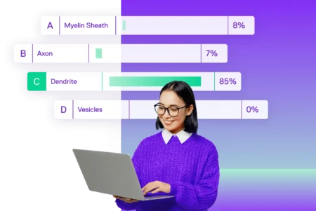 Composite image of smiling woman with laptop overlays bar chart results of a multiple choice poll.