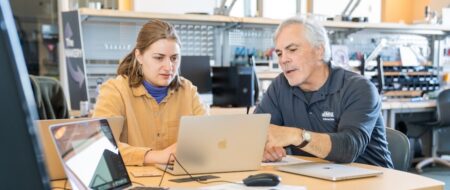 a photo of two people working together in The Makery in Rose Library at JMU