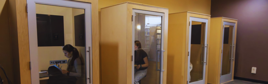 photo of quiet booths in JMU's Rose Library with transparent doors