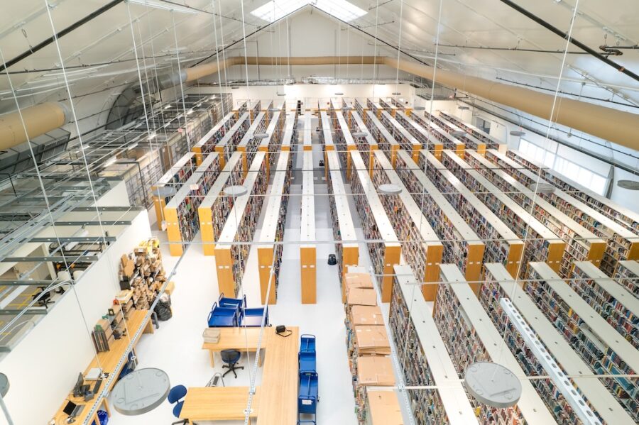 Interior aerial view of the collections stored in The Hub during the Carrier Library renovation and expansion project
