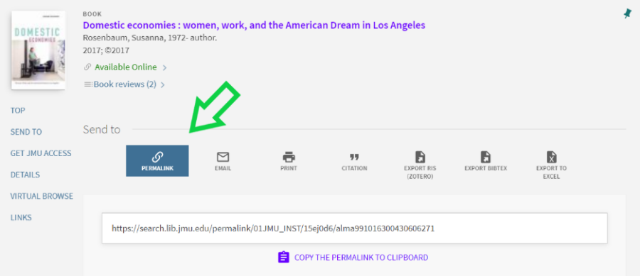 Screenshot of Library Search Interface, highlighting Permalink button as the first option under the heading called "Send to."