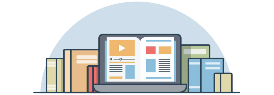 a cartoon of online resources on a laptop and books nearby