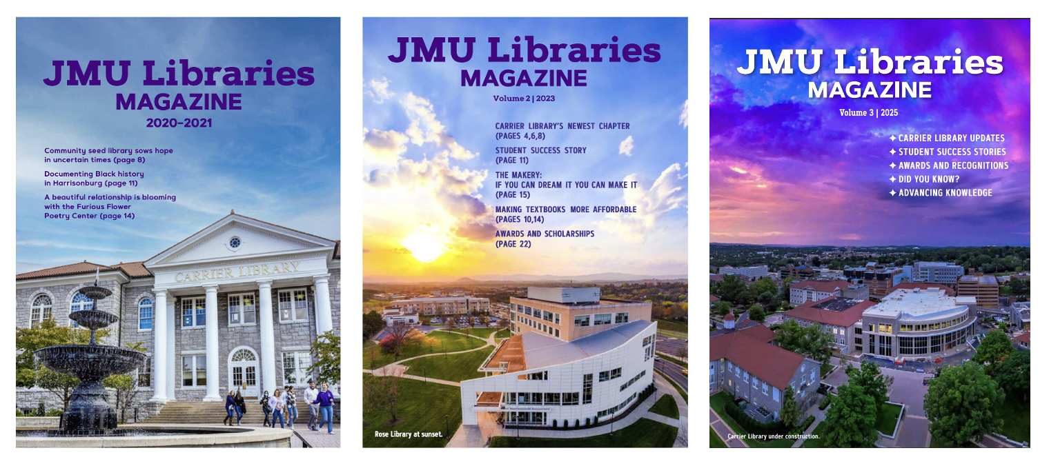 screenshots of the three covers for the three volumes of the jmu libraries magazine