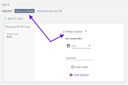 Screenshot of the library catalog showing delivery and pickup options