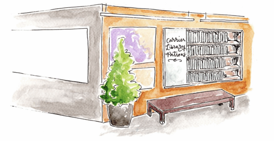 painting of the carrier library patrons bookshelf
