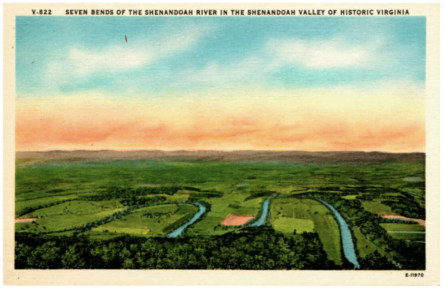 Historic postcard featuring the Seven Bends of the Shenandoah River. 
