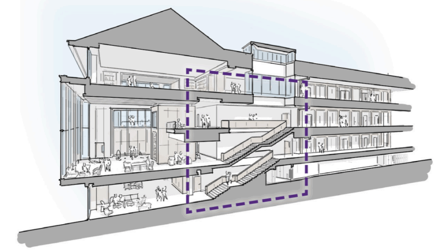 a section perspective illustration of the jones wing of carrier library, with a dotted line around the staircase