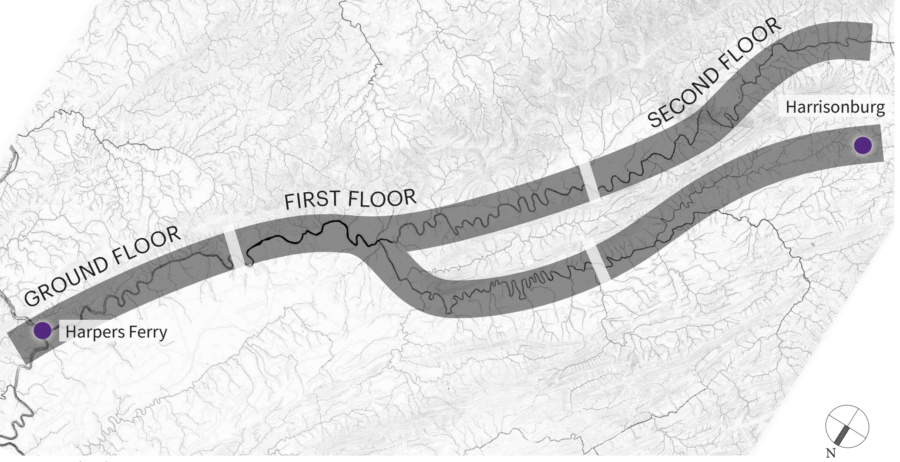 a drawing of a map, with the staircase panels sort of overlaid on it.