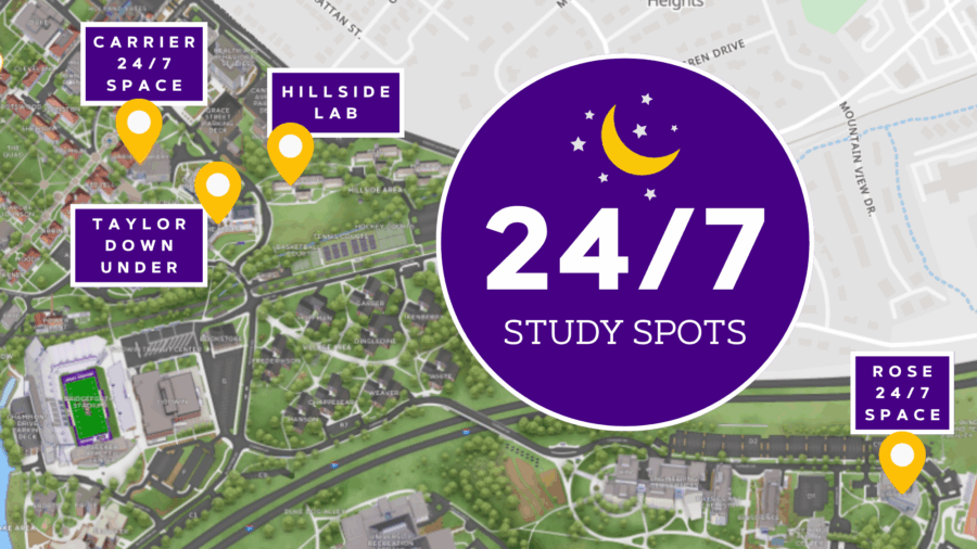 JMU map showing 4 study spaces, overlaid with text that says "24/7 Study Spots". Image links to JMU study spaces map.