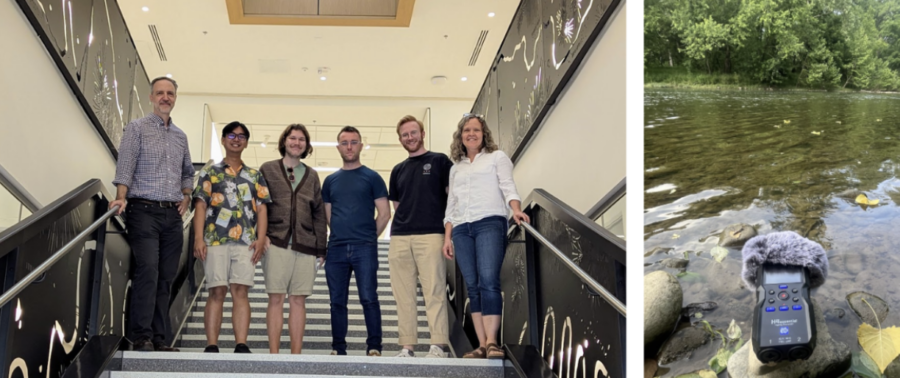 two photos: Left: Some of the artists on the Steps of the Shenandoah. Right: One of the places the artists recorded the sounds.