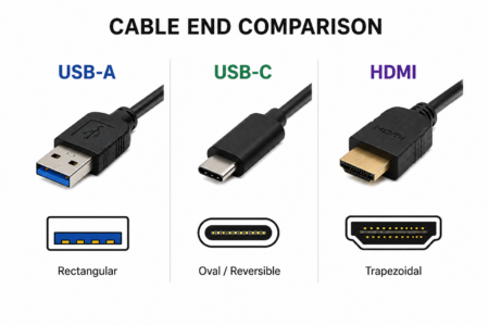 Close-up comparison of cable ends: USB-A rectangle, USB-C oval, HDMI trapezoidal.