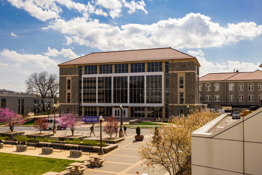 Sunny exterior view of new entrance to Carrier Library.