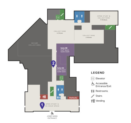 Floorplan map of Carrier Library ground floor.