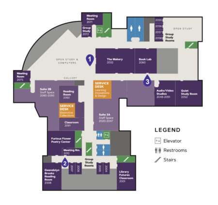Floorplan map of Carrier Library second floor.