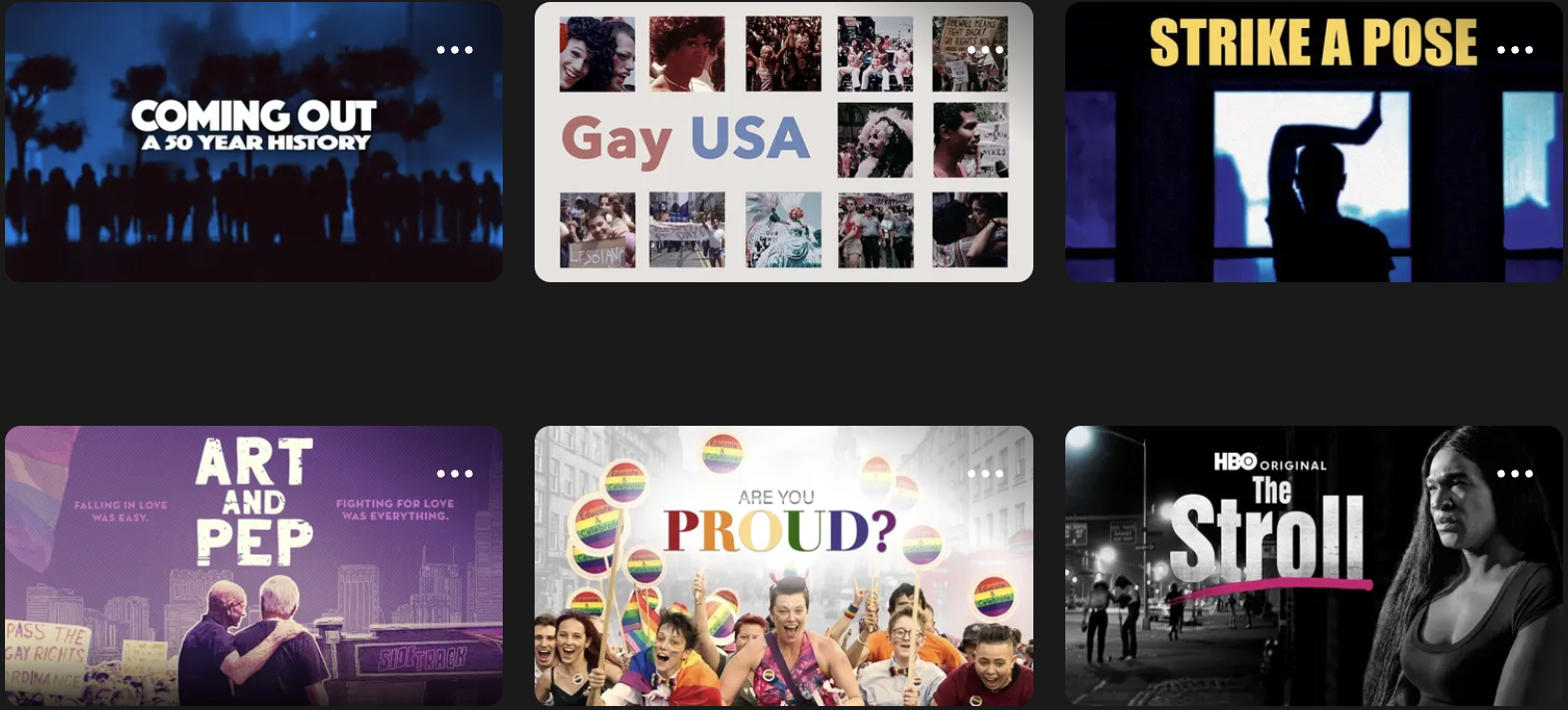 screenshots of 6 movies in the lgbtq history section of kanopy